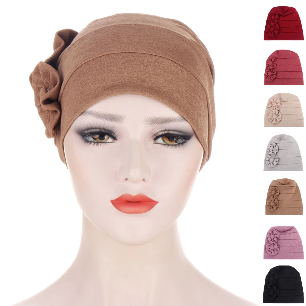 Women Beanie Solid Color Flowers Soft Elastic Linen Blend Head Wrap Hat for Daily Life