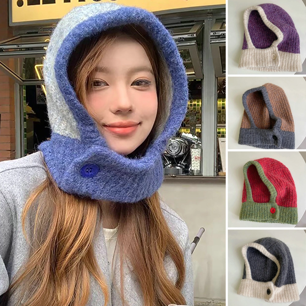 Women Hat 2 in 1 Stretchy Color Block Button Closure Thickened Autumn Winter Adults Knitting Neck Warmer Cap Streetwear