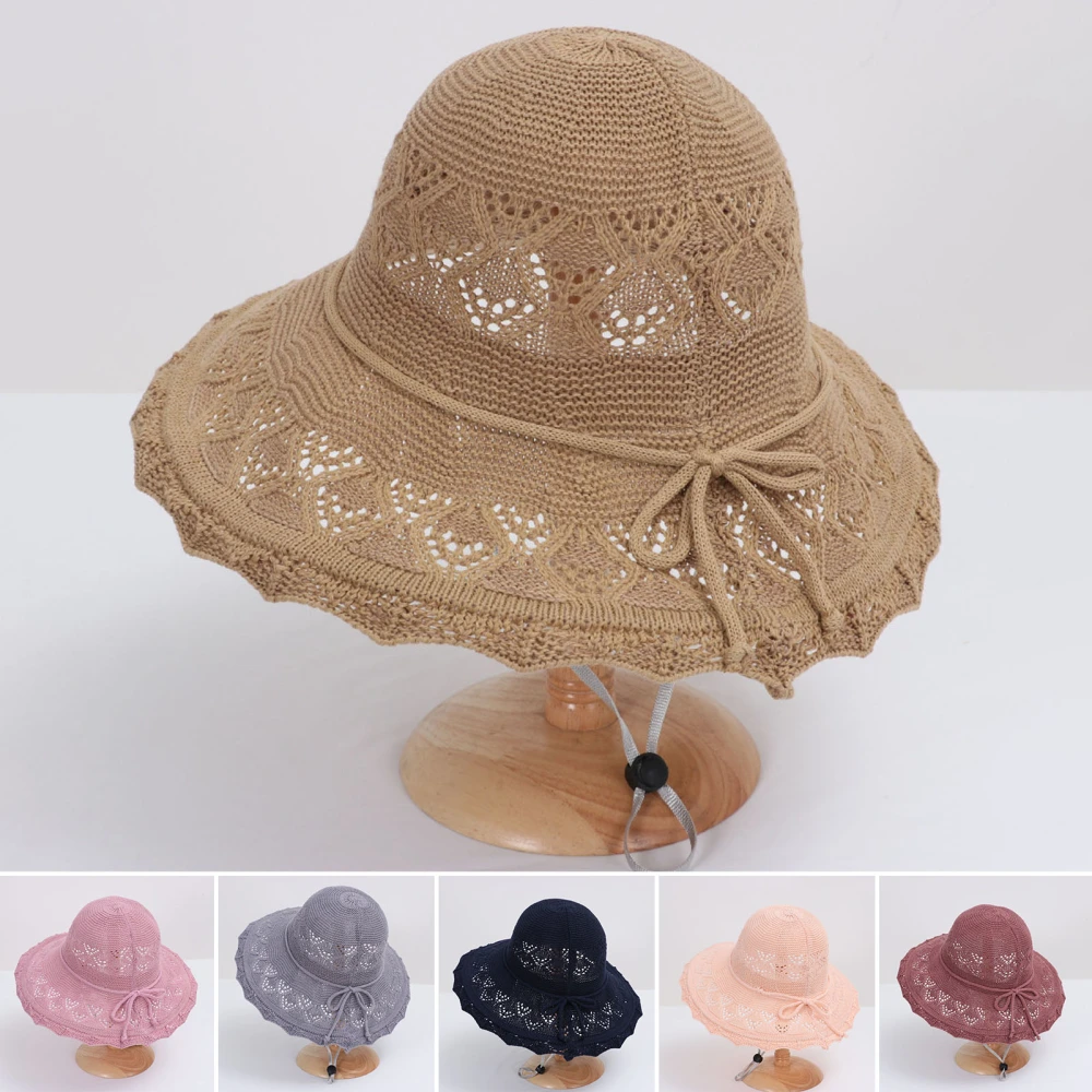 Bowknot Rope Decor Adjustable Drawstring Wide Brim Beach Hat Hollow Braided Summer Sun Hat Fashion Accessories