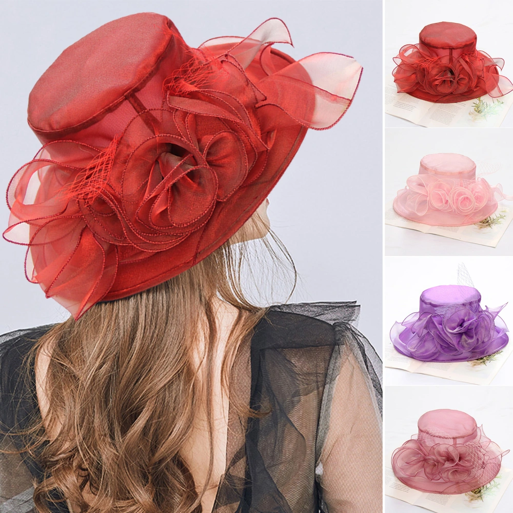 Women Church Cap Wide Brim Four Flowers Summer Organza Semi-transparent Sun Hat Headgear