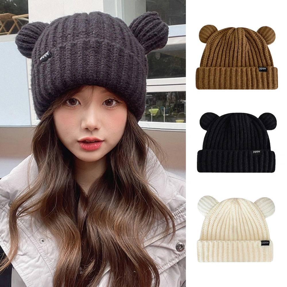 Winter Hat Solid Color Stretchy Super Soft Windproof Extra-Thick Keep Warm Polyester Women Outdoor Knitted Cute Bear Ears Hat for Girl