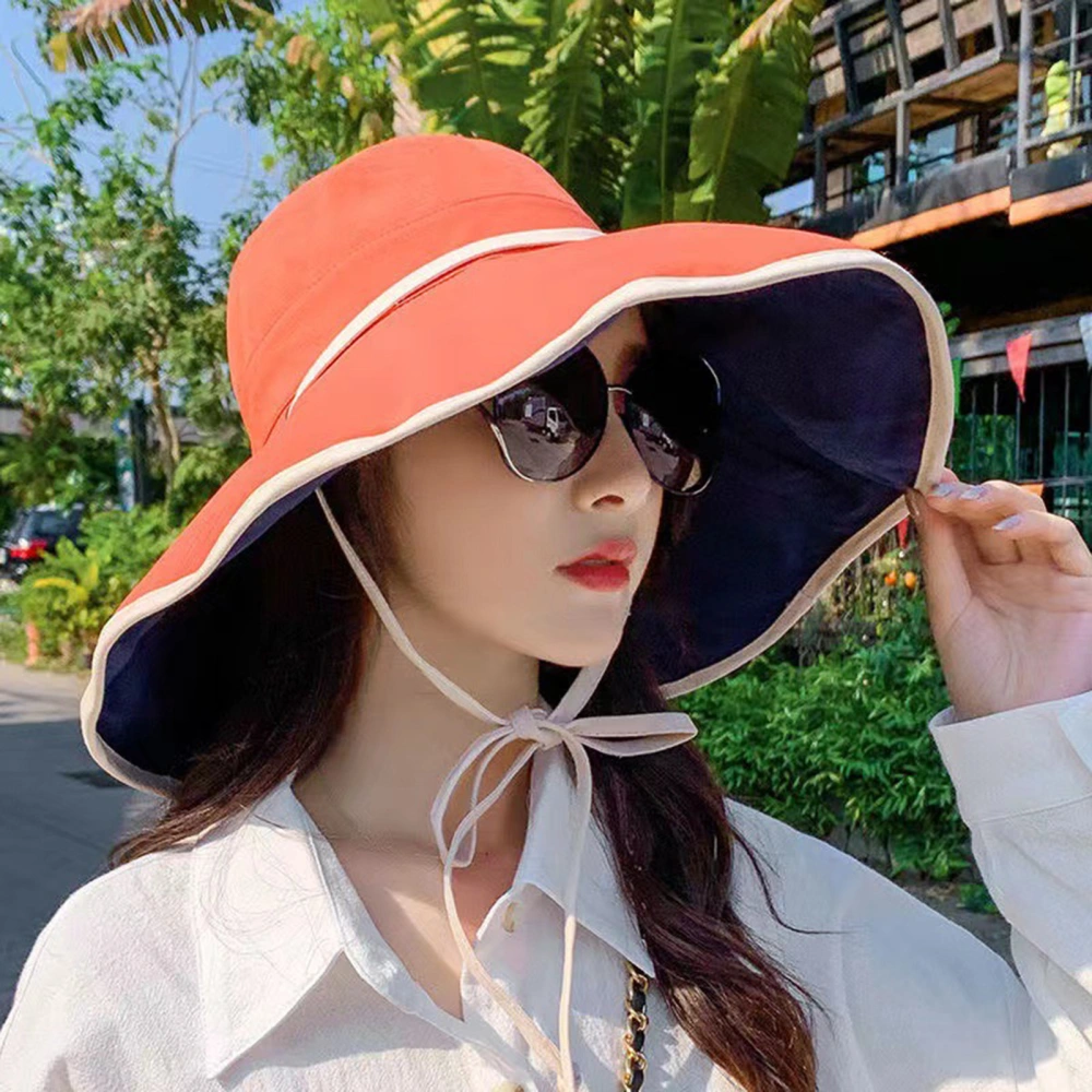 Women Fisherman Hat Sunscreen Anti-UV Adjustable Fasten String Big Brim Bucket Hats Beach Headwear