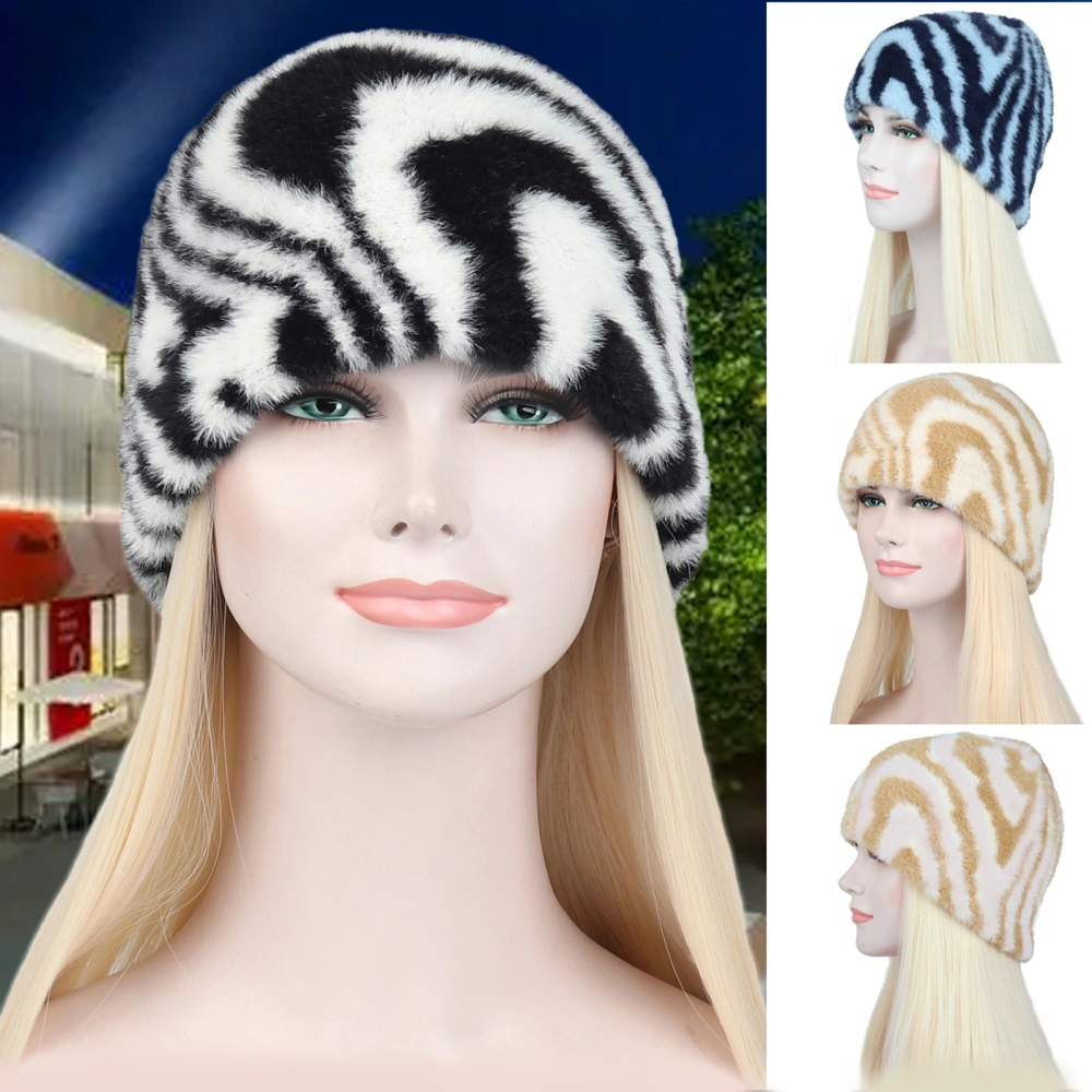 Autumn Winter Unisex Knitted Hat Striped Furry No Brim Ear Protection Cap Dome Loose Beanies Hat for Outdoor