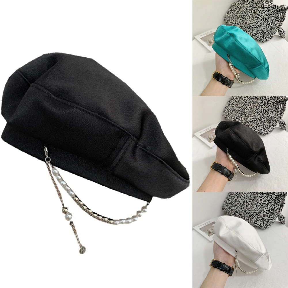 Women Beret Solid Color Faux Pearls Lady No Brim Dome Hat for Outdoor