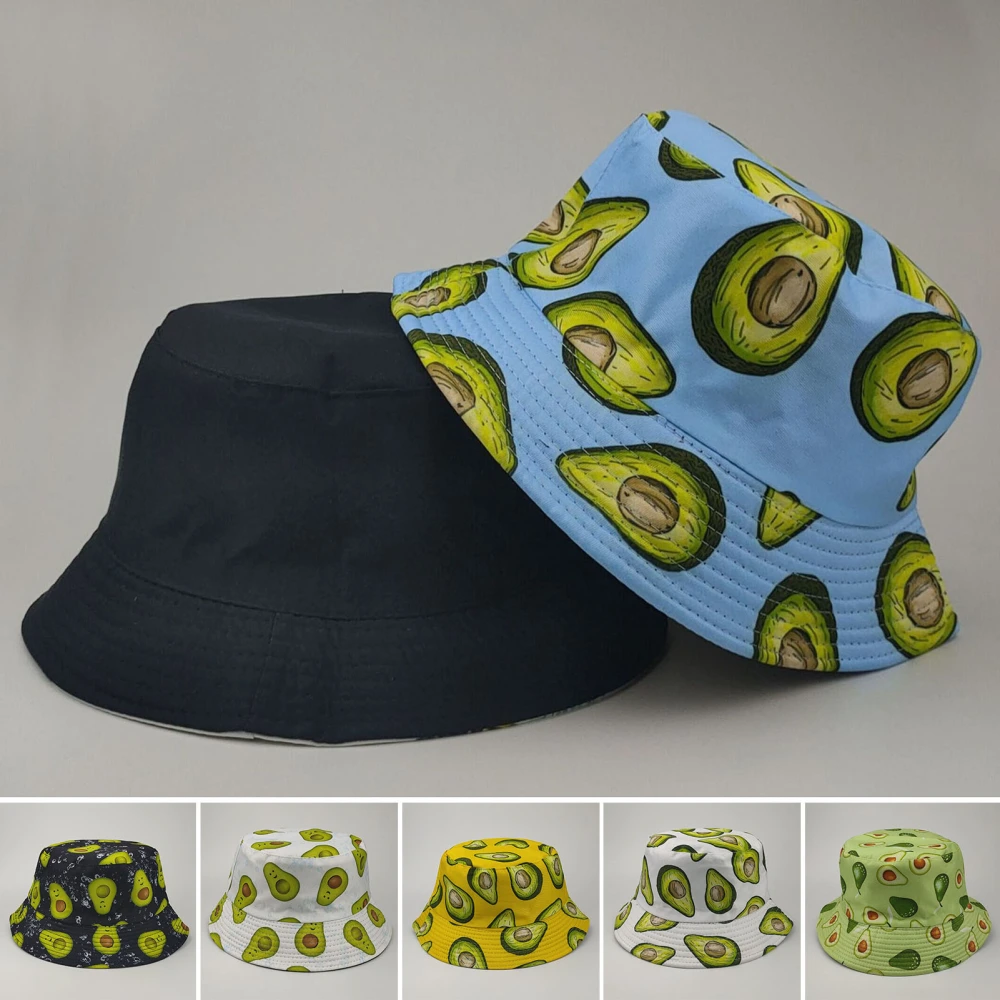 Fisherman Hat Avocado Print Double-sided Flat Top Breathable UV Protection Sunscreen Decorative Refreshing Fruit Patter Bucket Hat Headwear