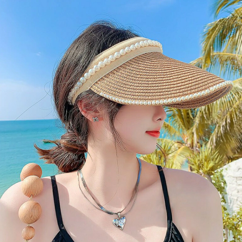 Women Hat Solid Color Big Brim Breathable Adjustable Imitation Pearl Summer Cap Headwear