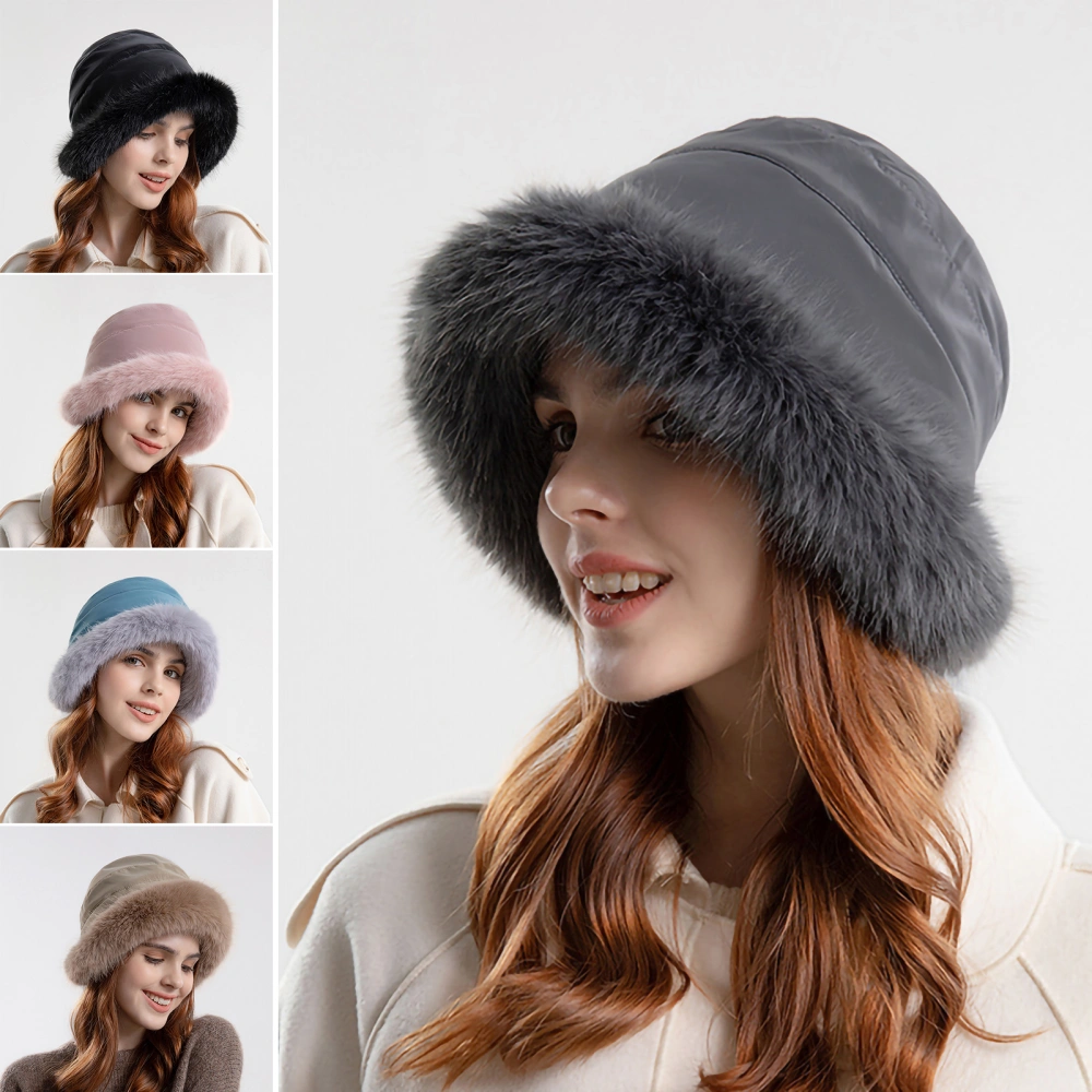 Furry Brim Round Dome Windproof Bucket Hat Women Winter Thickened Plush Lining Fisherman Hat Costume Accessories