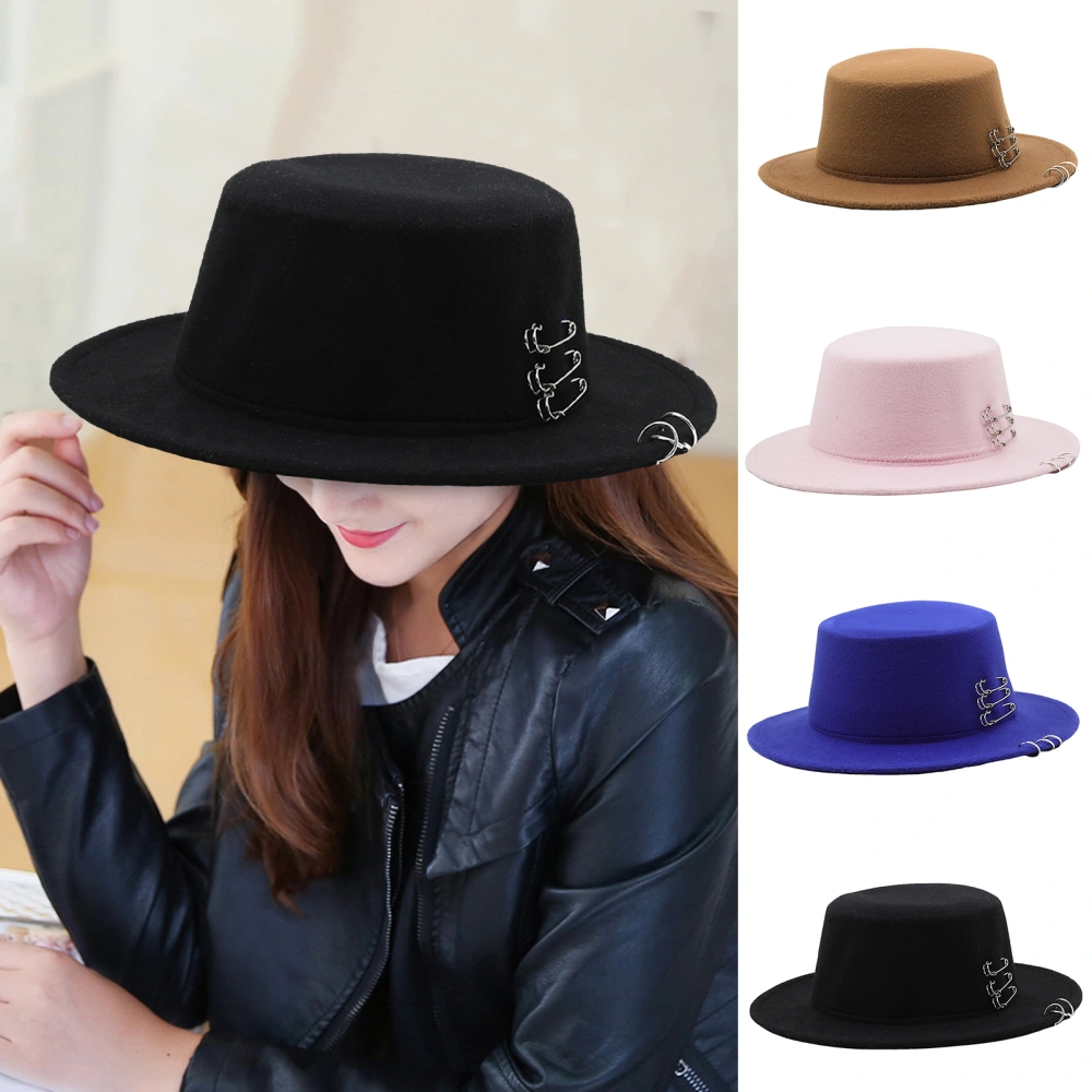 Women Men Fedora Hat Retro Flat Top Pin Decorated Solid Color Unisex Sunscreen Woolen Flat Brim Boater Hat Clothes Accessory