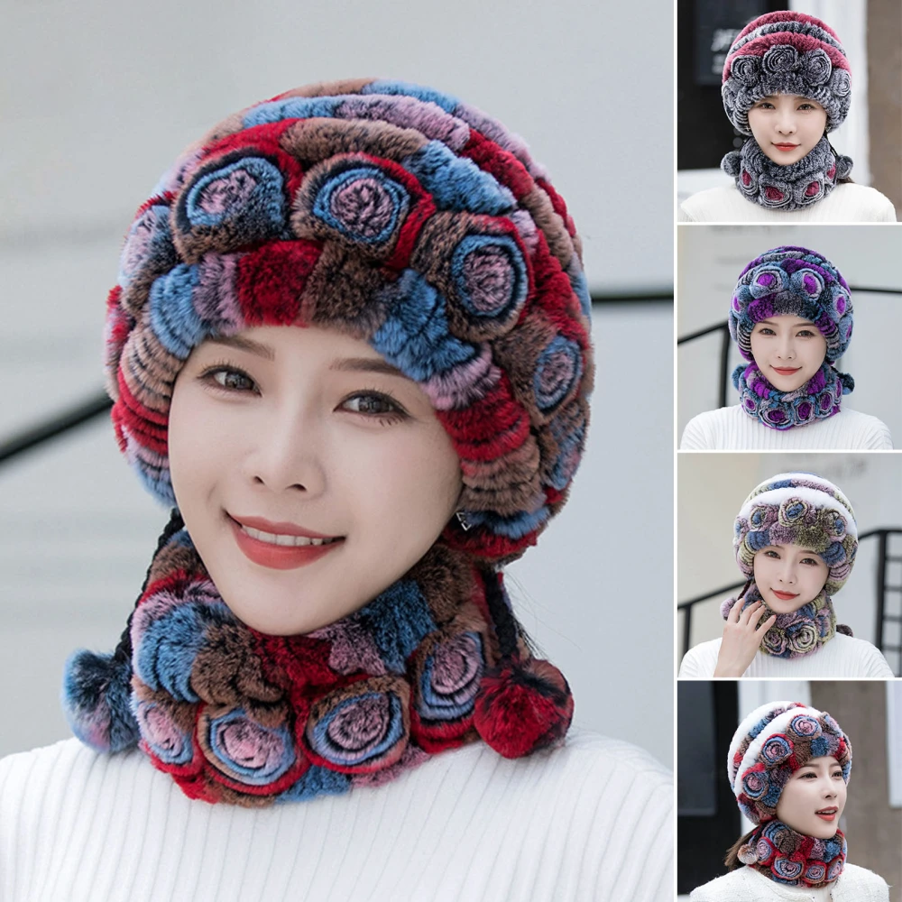 1 Set Women Hat Collar Set Colorful High Elasticity Cozy Plush Thick Ear Protection Regular Fit Neck Protection Women Hat Scarf Set for Daily Wear