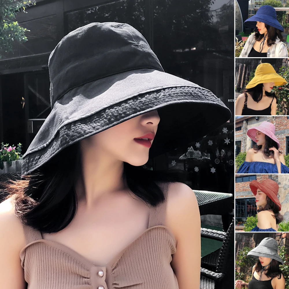 Women Summer Hat Solid Color Big Brim Curled Edge Round Face Protection Sunscreen Korean Breathable Lady Sun Hat Headwear