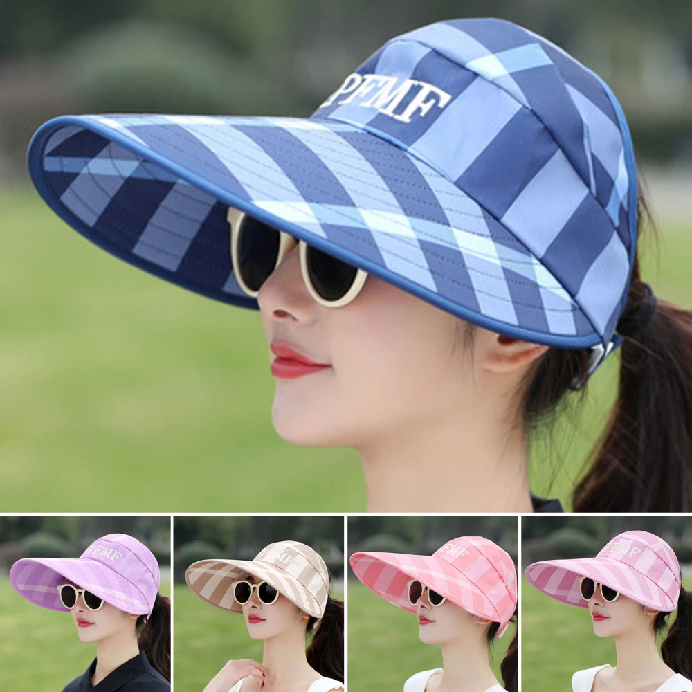 Women Summer Sun Hat Anti-UV Long Brim Protect Face Striped Print Breathable Sunscreen Adjustable Sweat Absorption Band Vacation Sun Hat Women Headwear