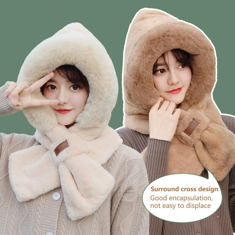 Winter Hat Scarf Furry Plush Solid Color Thicken Lightweight Keep Warm Cross Windproof Lady Scarf Cap for Going Out