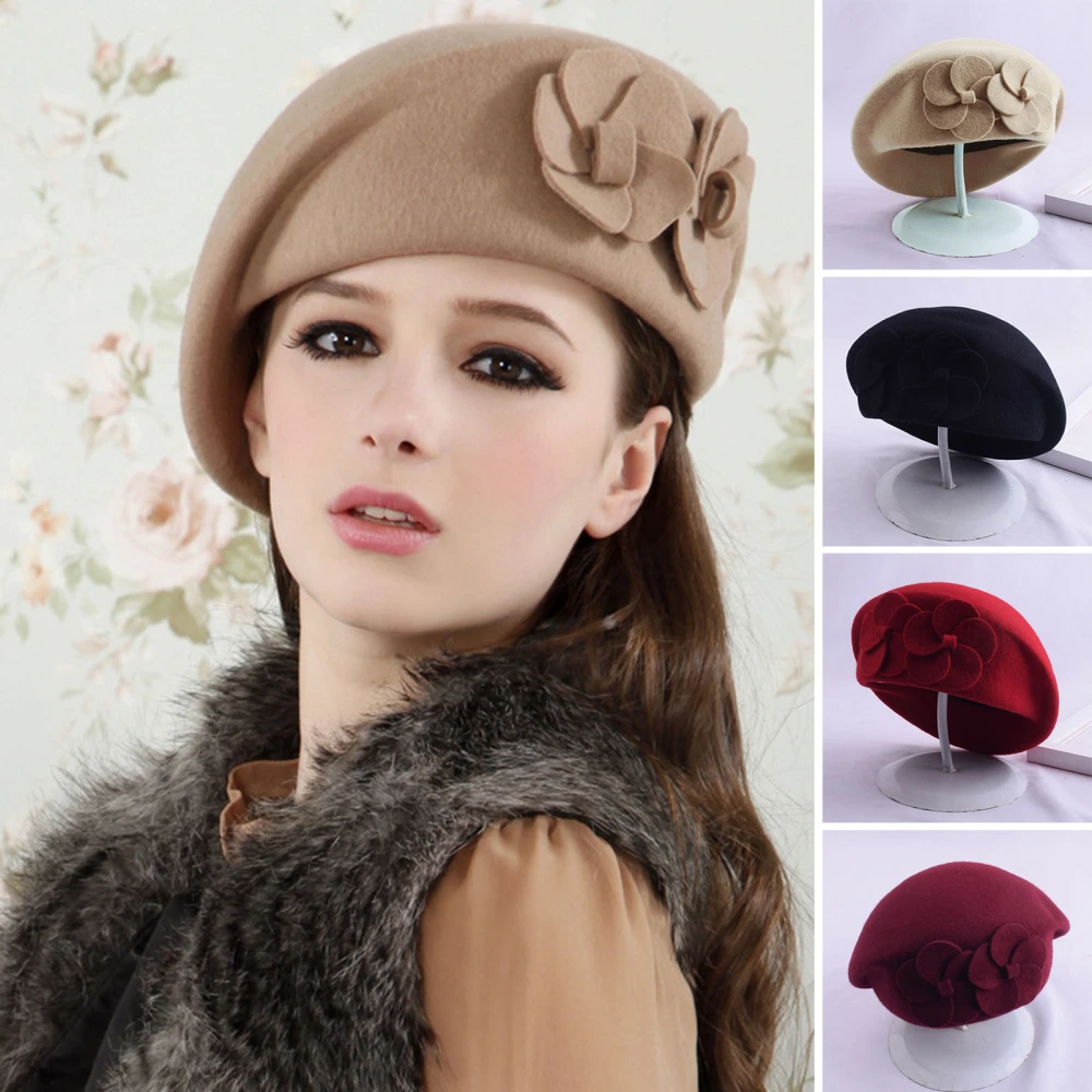 Beret Hat Dual Flowers Decor Elegant Classic Plain Soft Keep Warm Solid Color Autumn Winter Women French Artist Cap for Outdoor