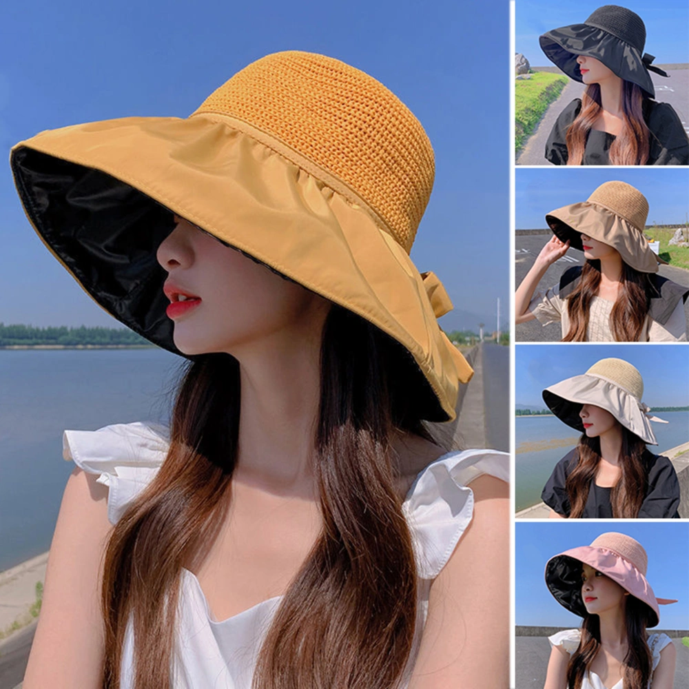 Sun Hat Large Brim Foldable Hollow Breathable Floppy UV Protection Bow Tie Decor Women Sunscreen Summer Hat Beach Cap for Outdoor