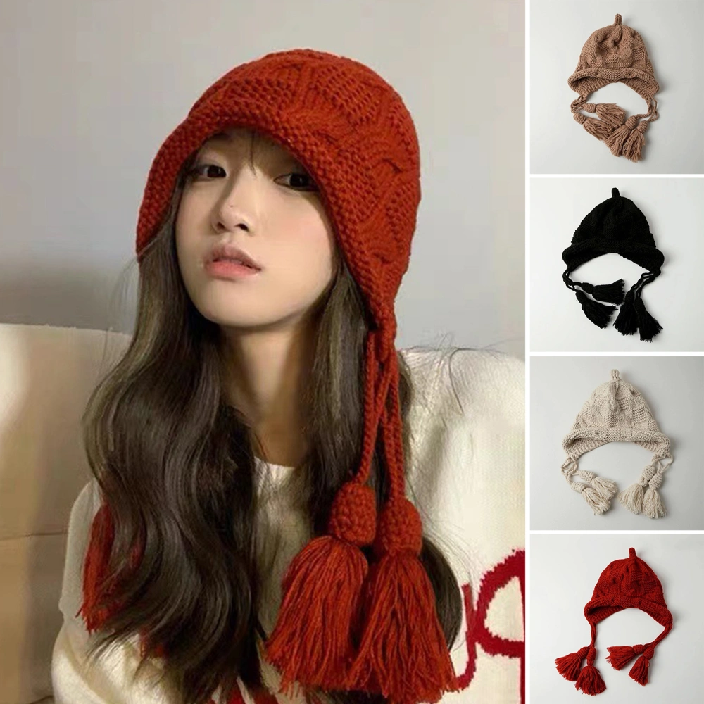 Women Winter Hat Solid Color Knitted Tassel Red Elastic Keep Warm Ear Protection Washable Winter Beanie Winter Daily Hat