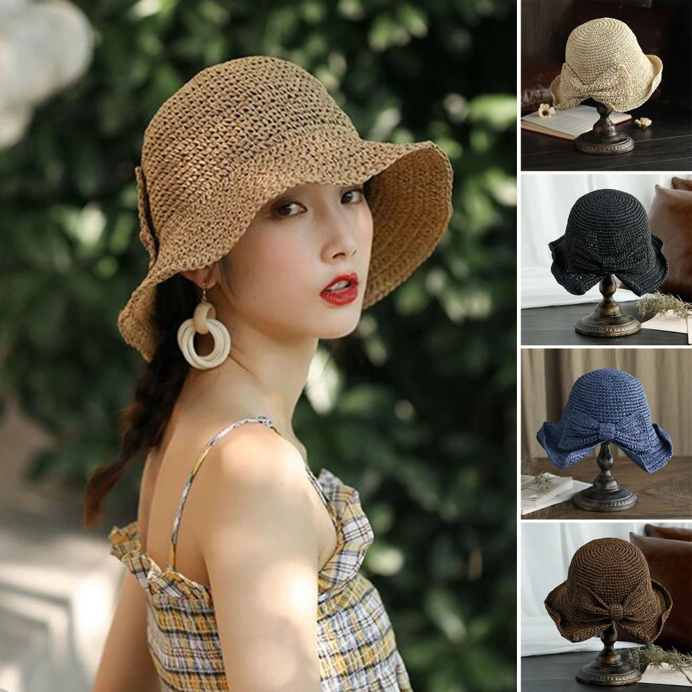 Bowknot Decor Round Dome Foldable Sun Hat Women Wide Brim Floppy Straw Hat Fashion Accessories