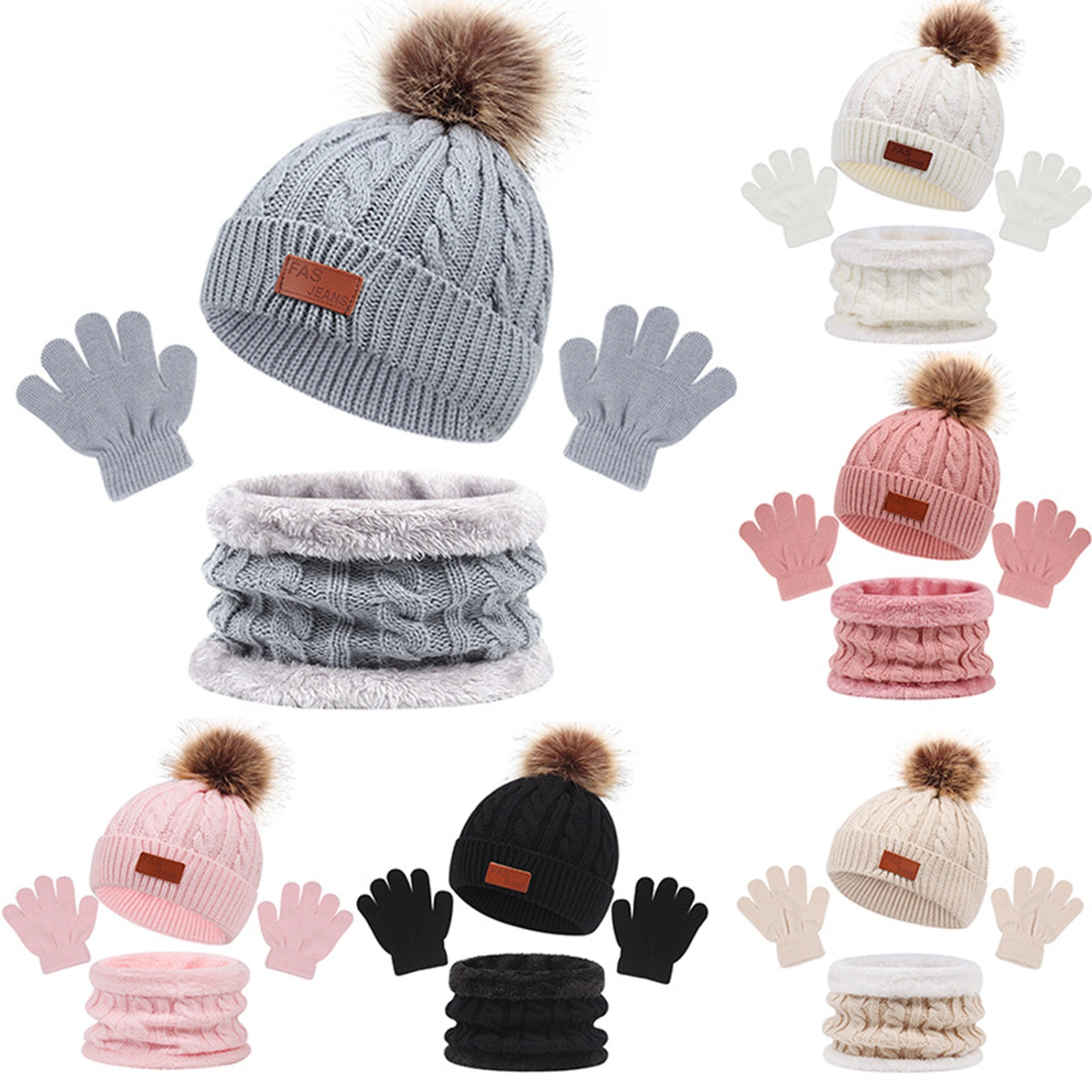 1 Set 1-5 Years Baby Hat Scarf Gloves Plush Ball Twist Pattern Solid Color Knitted Hat Set Autumn Winter Stretchy No Brim Cap for Outdoor 	