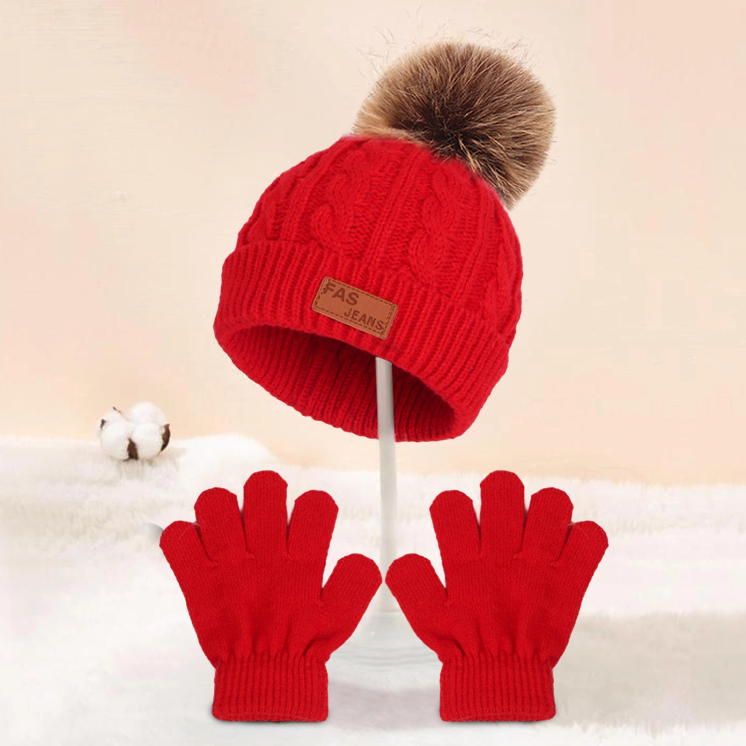 1 Set 1-5 Years Baby Hat Scarf Gloves Plush Ball Twist Pattern Solid Color Knitted Hat Set Autumn Winter Stretchy No Brim Cap for Outdoor 	