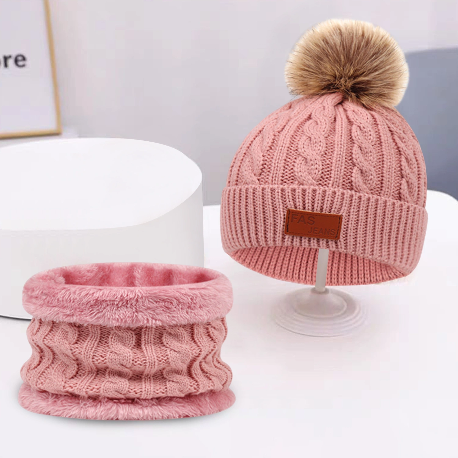 1 Set 1-5 Years Baby Hat Scarf Gloves Plush Ball Twist Pattern Solid Color Knitted Hat Set Autumn Winter Stretchy No Brim Cap for Outdoor 	
