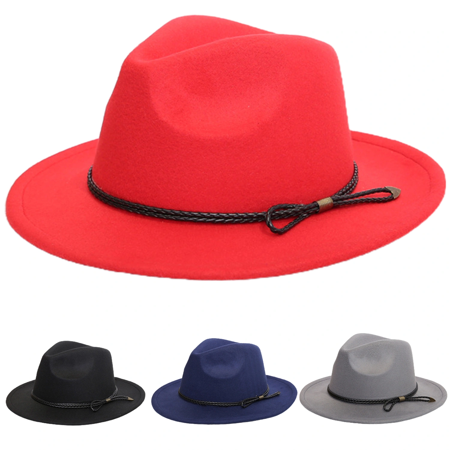Winter Men Floppy Vintage Solid Color Wide Brim Belt Cap Bowler Fedora Hats