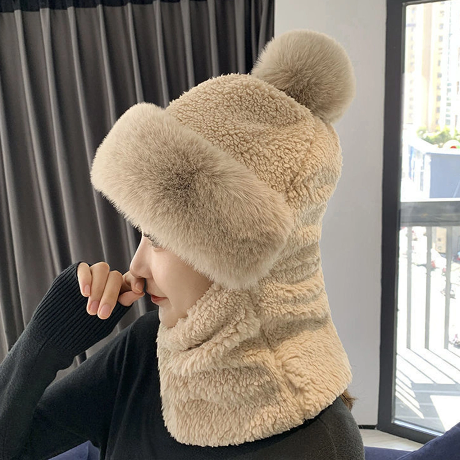 Plush Hat Fuzzy Pompom Decor 2 in 1 Multipurpose Thickened Head Face Neck Protection Solid Color Windproof Winter Women Neck Gaiter Warmer Cap for Vacation