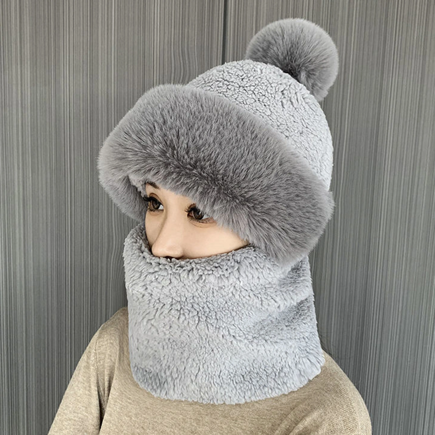Plush Hat Fuzzy Pompom Decor 2 in 1 Multipurpose Thickened Head Face Neck Protection Solid Color Windproof Winter Women Neck Gaiter Warmer Cap for Vacation