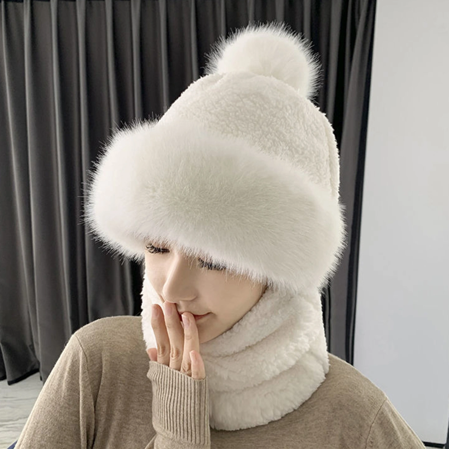 Plush Hat Fuzzy Pompom Decor 2 in 1 Multipurpose Thickened Head Face Neck Protection Solid Color Windproof Winter Women Neck Gaiter Warmer Cap for Vacation