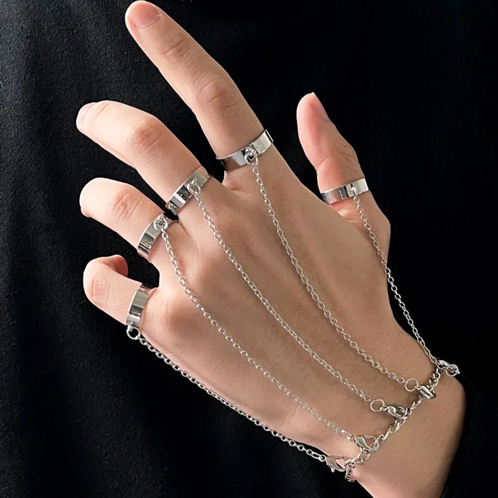 Metal Chain Bracelet Ring One Piece Punk Style Retro