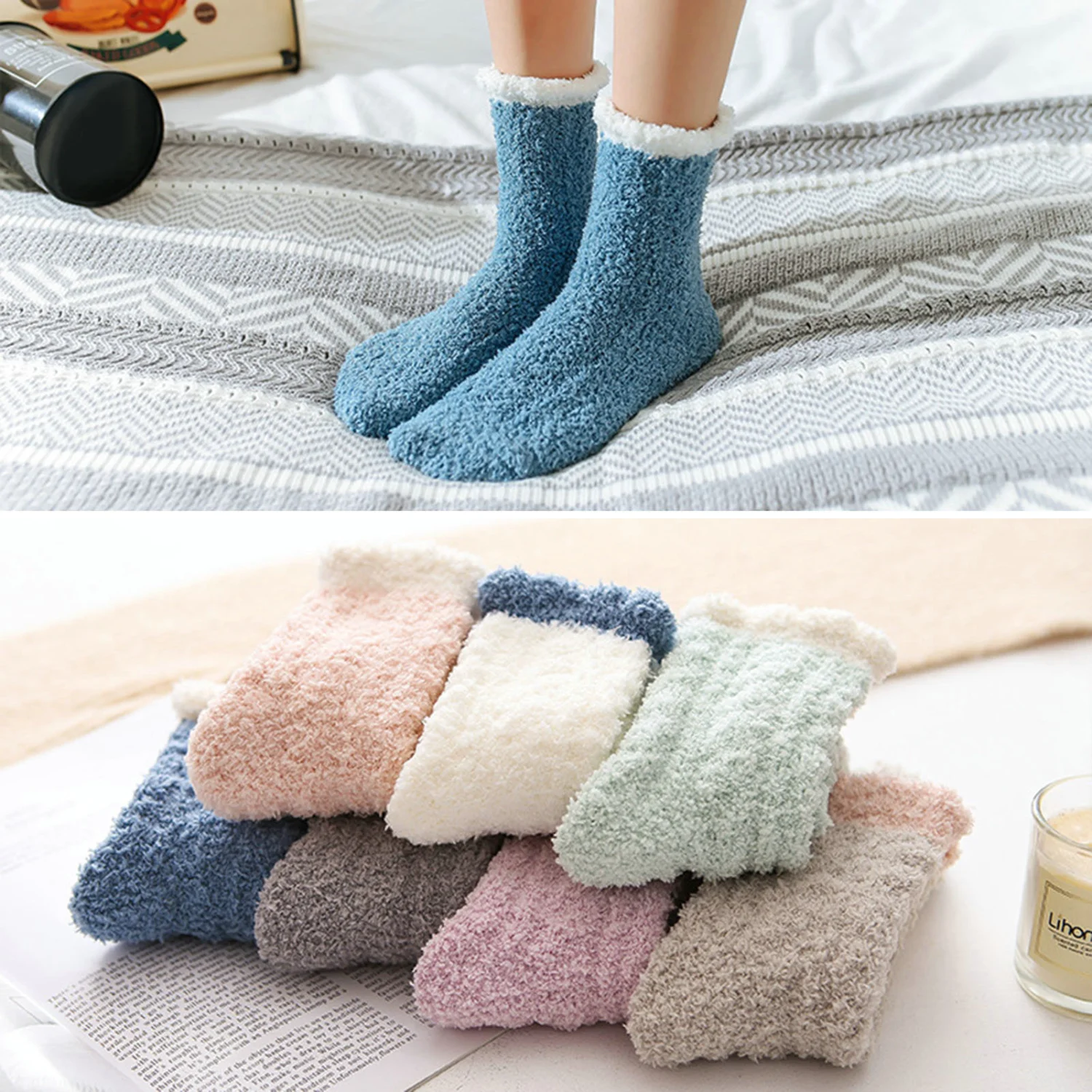 1 Pair Women Socks Soft Texture Coral Fleece Stretchy Ankle Length Anti-skid Cold Resistant Thick Winter Warm Fluffy Socks Home Use