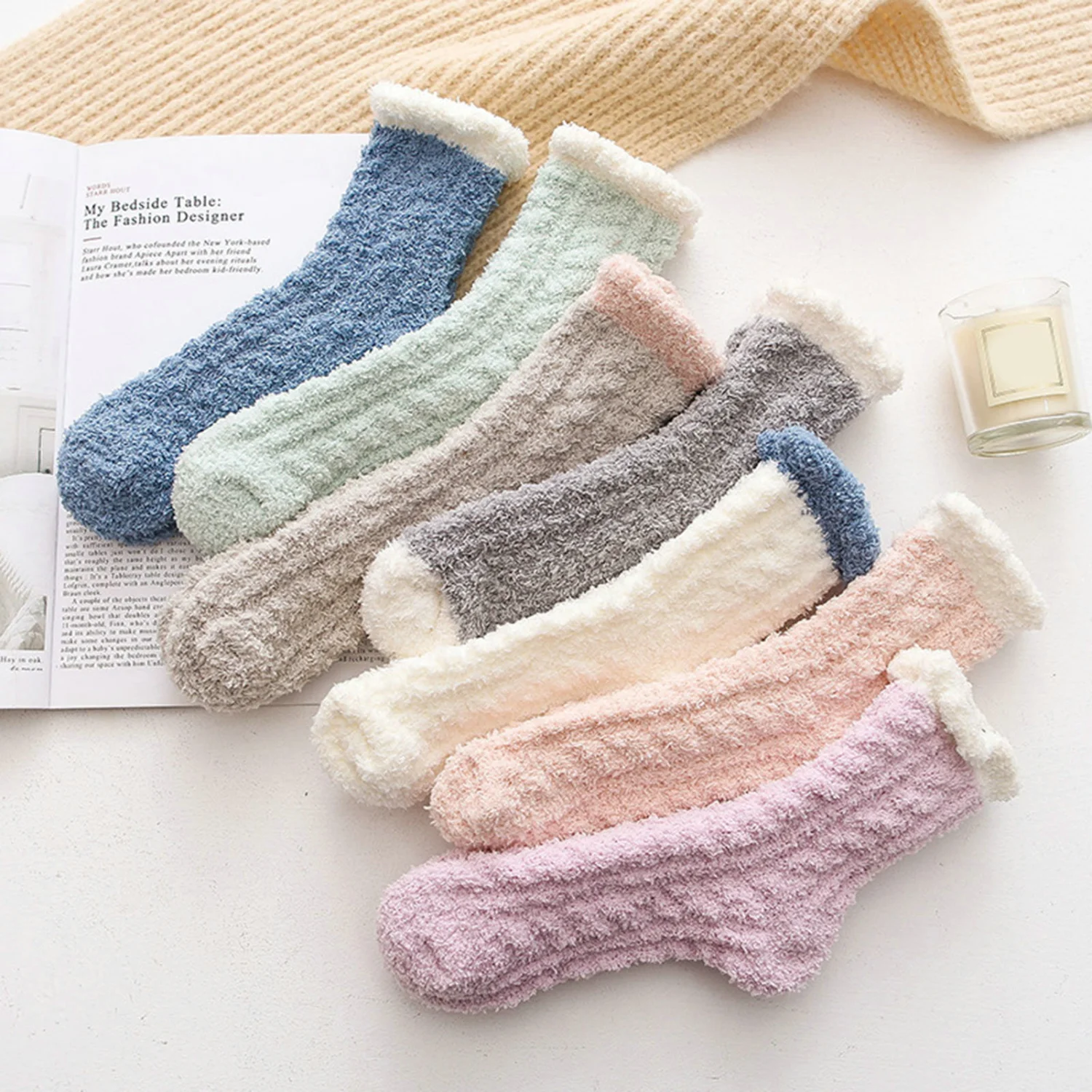 1 Pair Women Socks Soft Texture Coral Fleece Stretchy Ankle Length Anti-skid Cold Resistant Thick Winter Warm Fluffy Socks Home Use