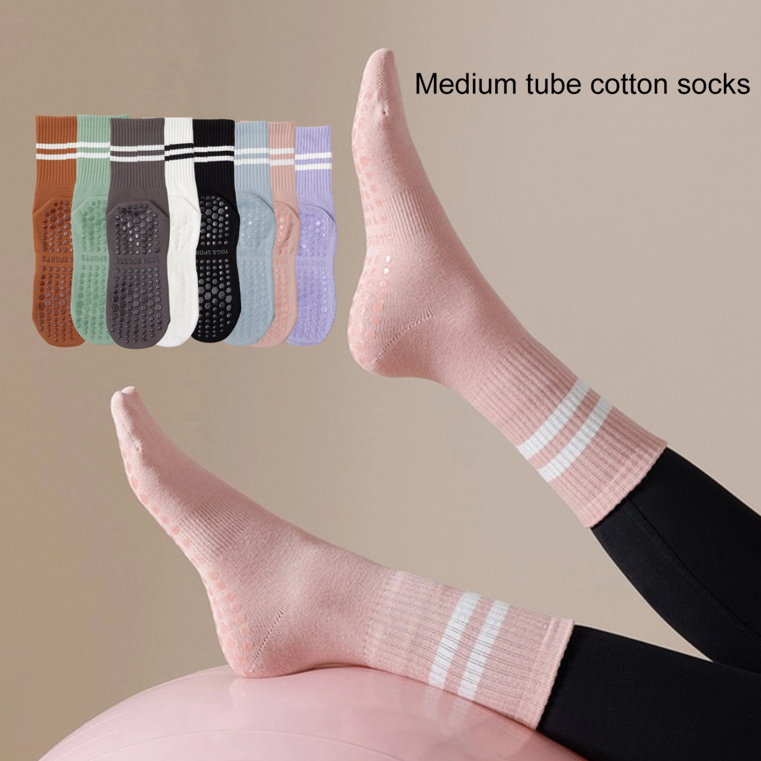 1 Pair Women Sports Socks Striped Elastic Breathable Knitted Anti-slip Sweat Absorption Cotton Contrast Color Lady Pilates Socks Women Footwear