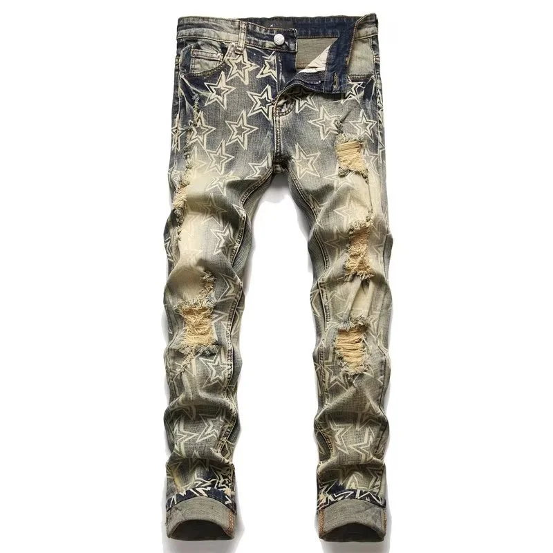 Trendy Printed Denim Suit Men's Stretch Slim Fit Ripped Jacket Top Trendy Patch Pants