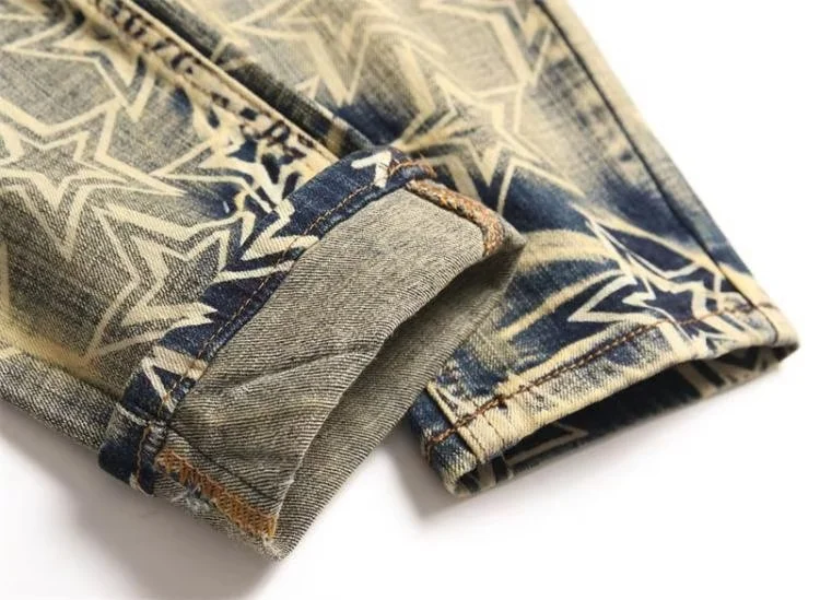 Trendy Printed Denim Suit Men's Stretch Slim Fit Ripped Jacket Top Trendy Patch Pants