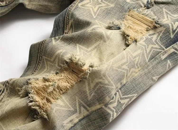 Trendy Printed Denim Suit Men's Stretch Slim Fit Ripped Jacket Top Trendy Patch Pants