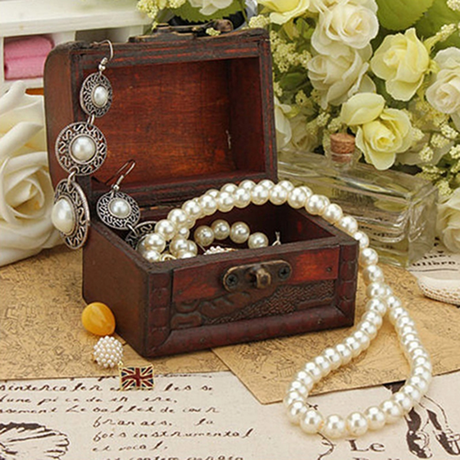 Vintage Jewelry Pearl Necklace Bracelet Storage Organizer Wooden Case Gift Box