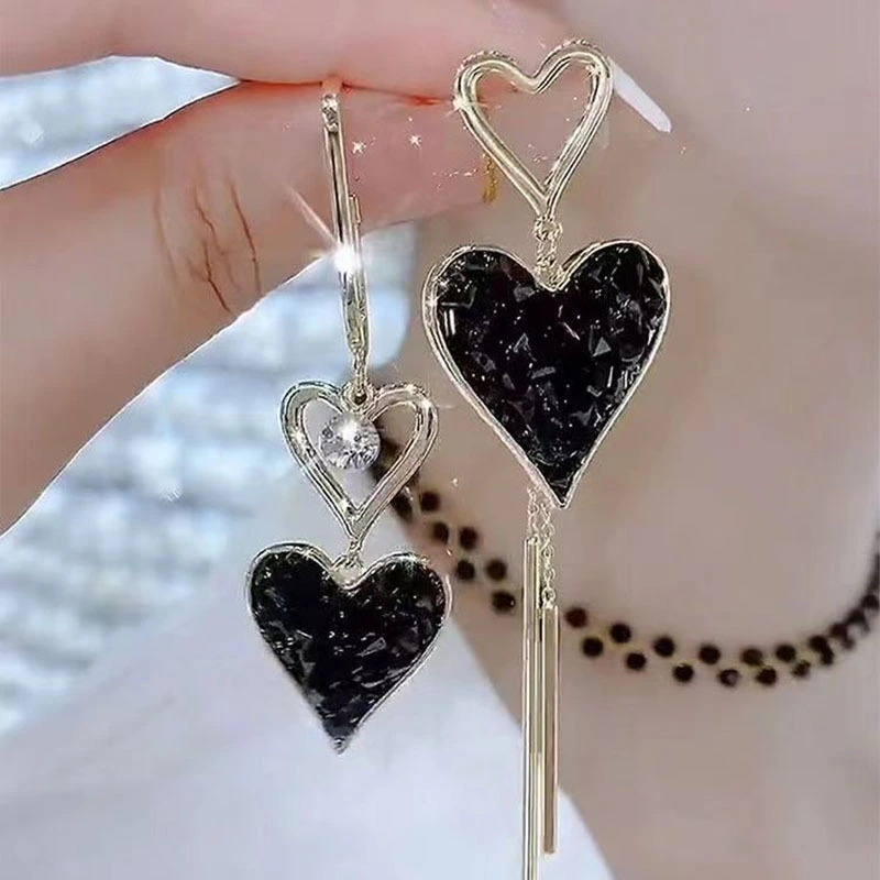 Long Asymmetric Black Heart Tassel Earrings