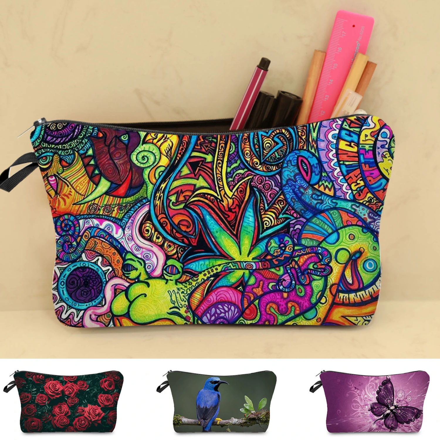 Makeup Bag Vivid Floral Print Practical Waterproof Keys Tools Organizer Bag for Daily Use