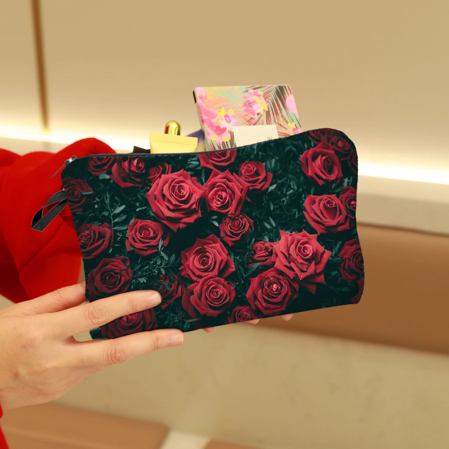 Makeup Bag Vivid Floral Print Practical Waterproof Keys Tools Organizer Bag for Daily Use