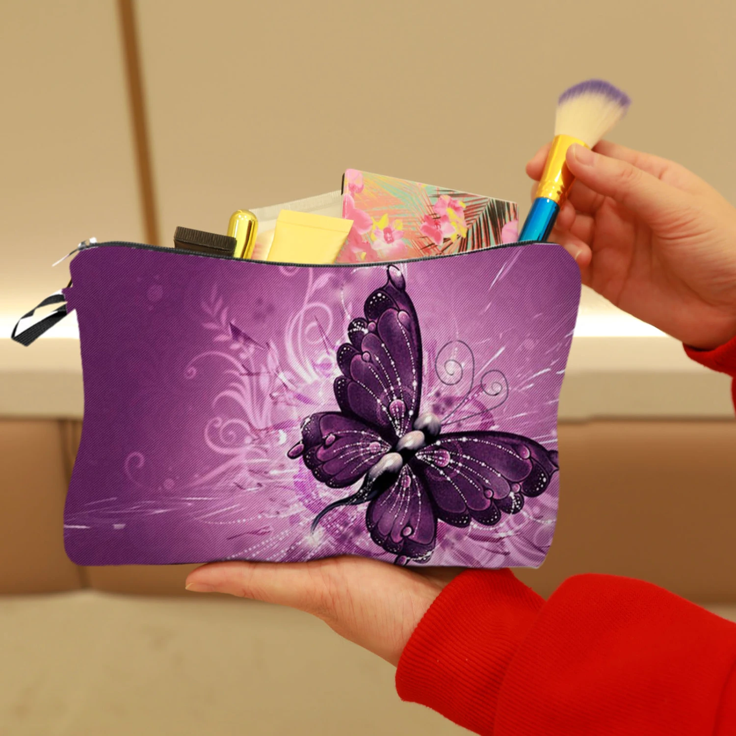 Makeup Bag Vivid Floral Print Practical Waterproof Keys Tools Organizer Bag for Daily Use