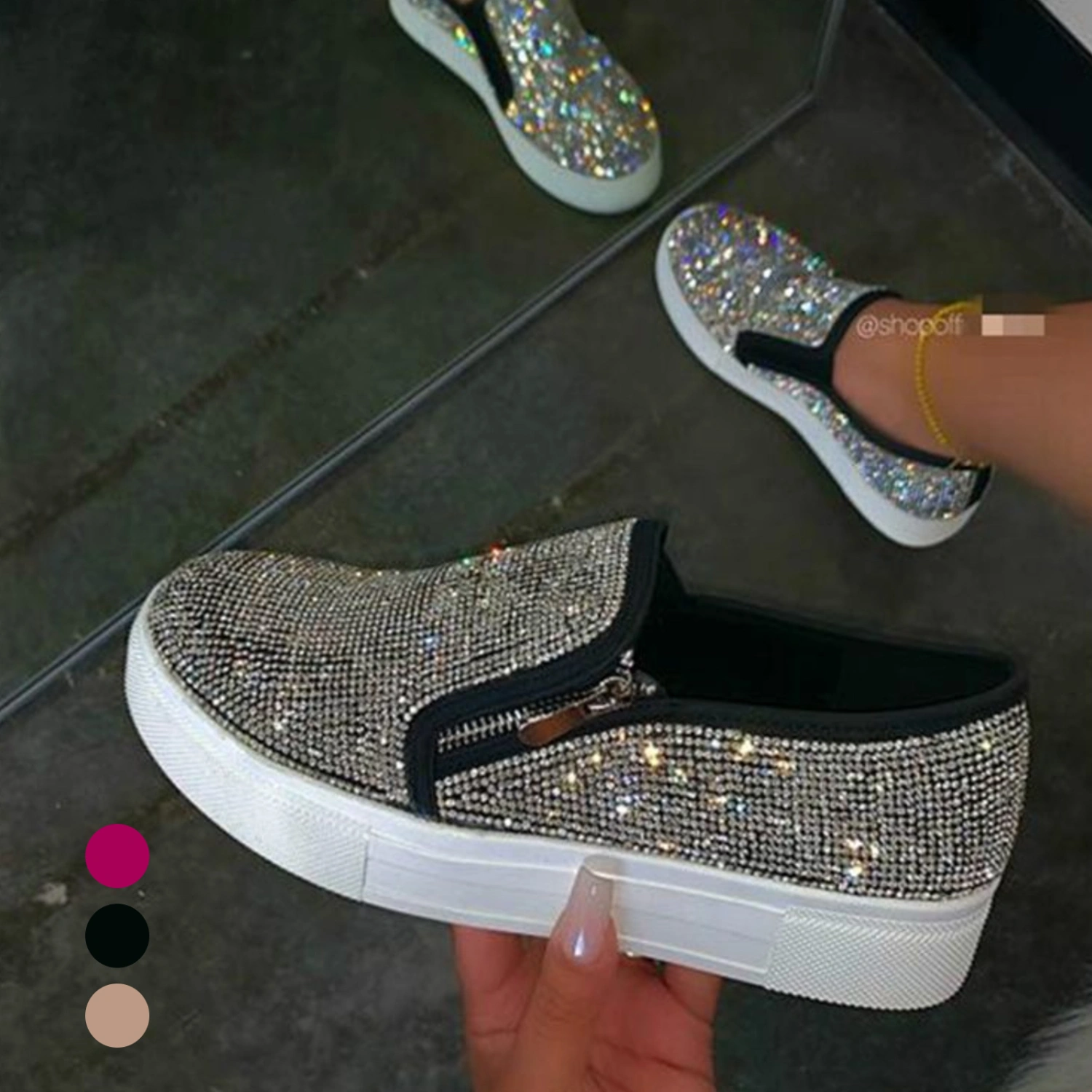 Stylish Women Slip On Shiny Rhinestone Zipper Platform Shoes Low-cut Sneakers