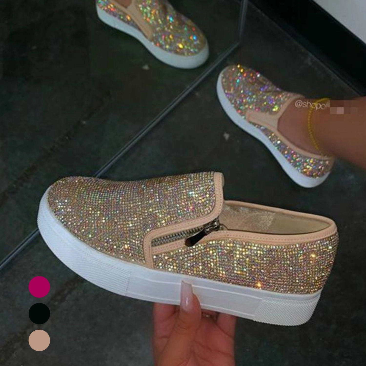 Stylish Women Slip On Shiny Rhinestone Zipper Platform Shoes Low-cut Sneakers