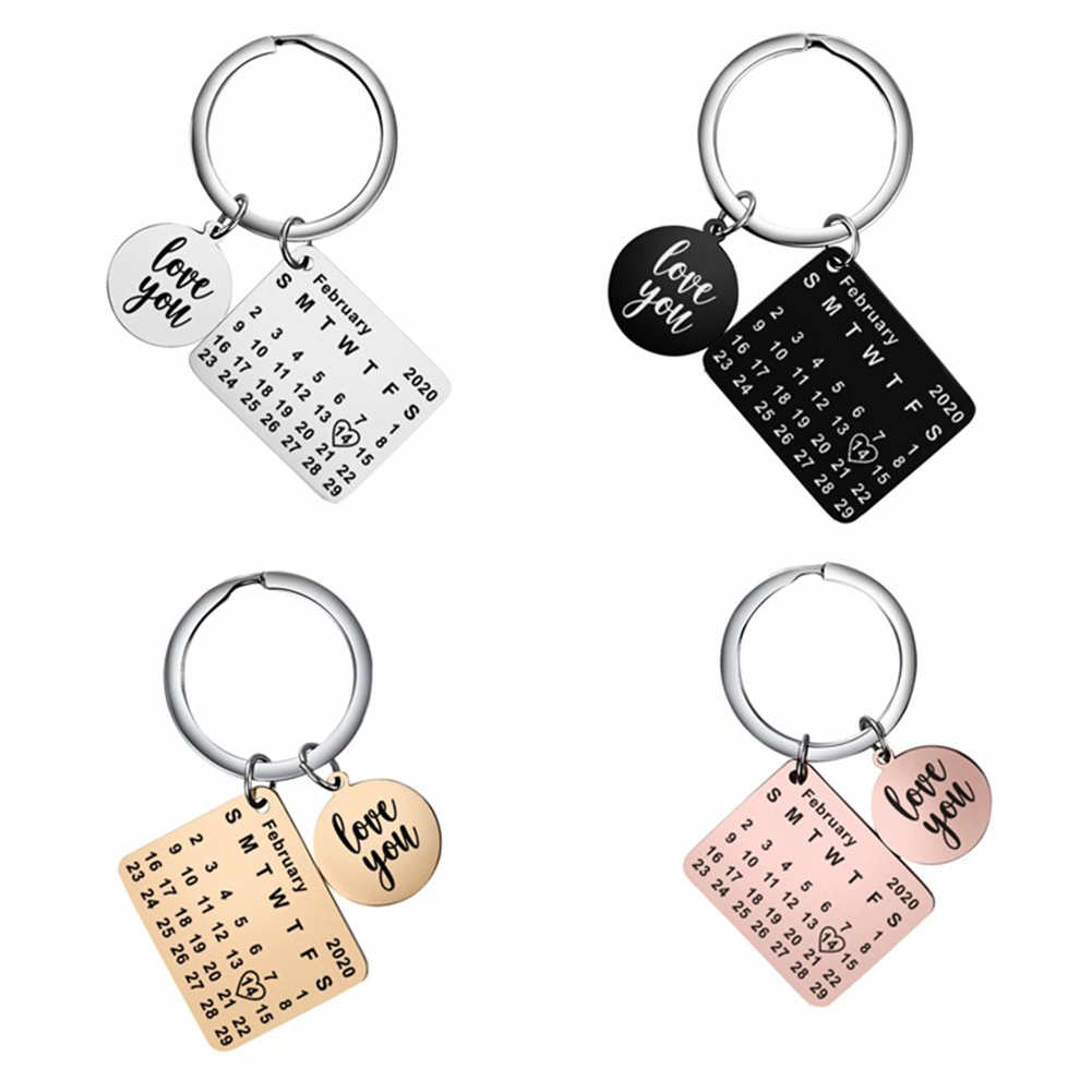 Round Heart Square Pendant Calendar Keychain Key Ring Holder Valentine Day Gift