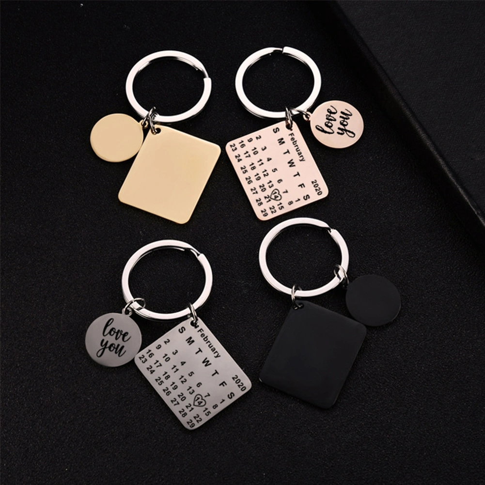 Round Heart Square Pendant Calendar Keychain Key Ring Holder Valentine Day Gift