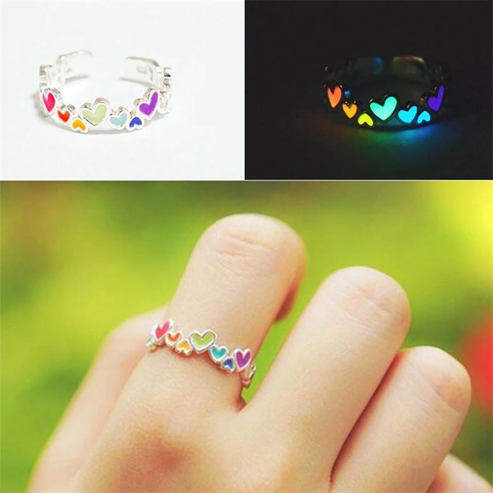 Luminous Colorful Hearts Lovers Couples Ring Promise Wedding Party Jewelry Decor