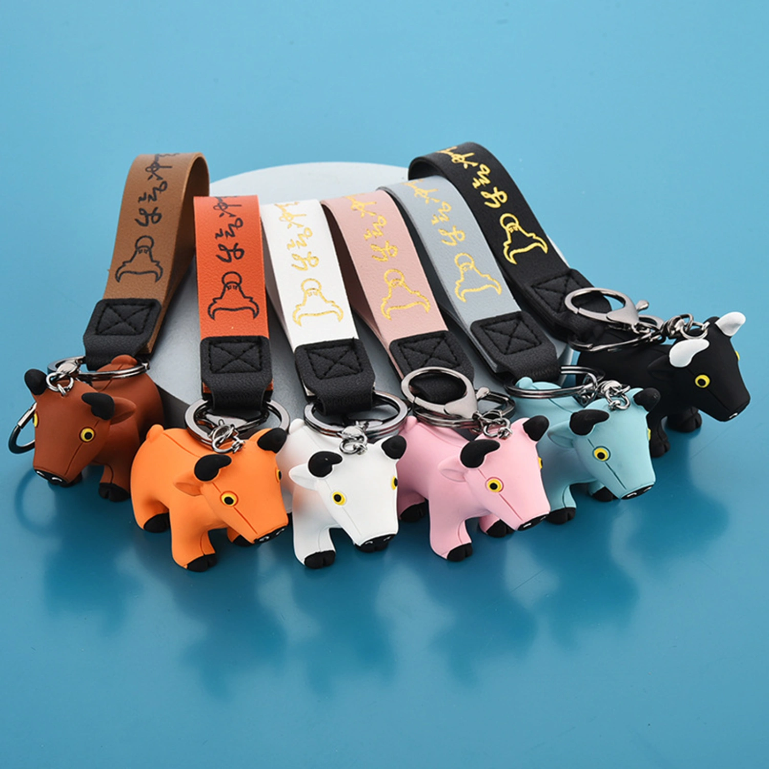 Solid Color Cartoon Cow Cattle Mascot Keychain Key Holder Bag Pouch Decor Pendant