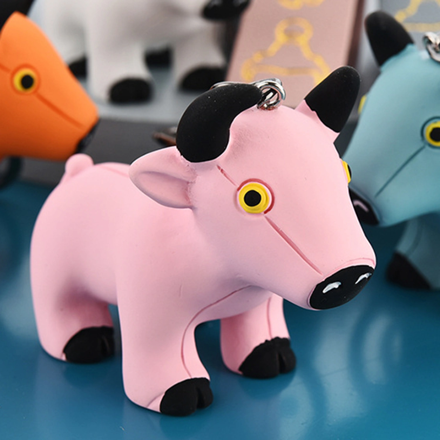 Solid Color Cartoon Cow Cattle Mascot Keychain Key Holder Bag Pouch Decor Pendant