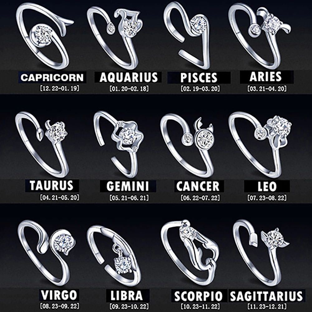 Men Women Silver Plated Constellations Adjustable Opening Ring Birthday Gift