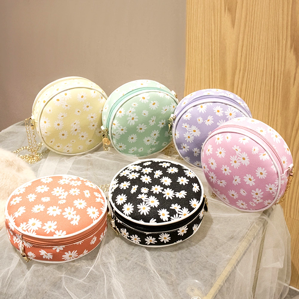 Women Stylish Zipper Marguerite Print Round Shoulder Bag Handbag Crossbody Pouch