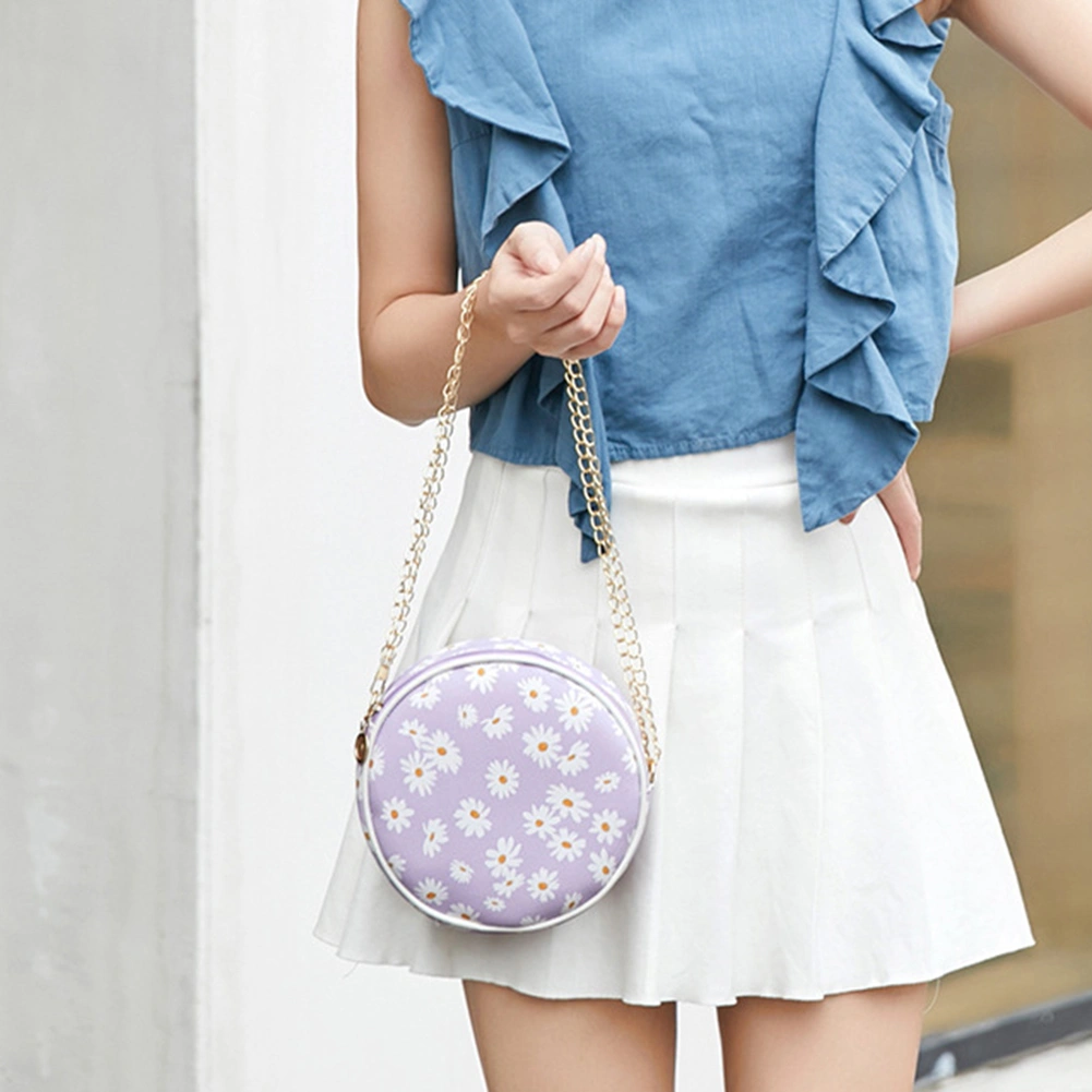 Women Stylish Zipper Marguerite Print Round Shoulder Bag Handbag Crossbody Pouch