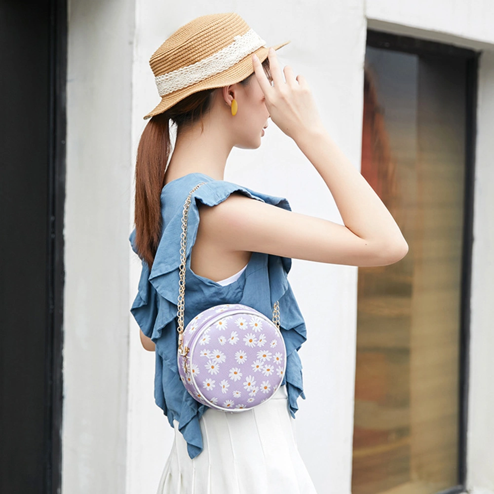 Women Stylish Zipper Marguerite Print Round Shoulder Bag Handbag Crossbody Pouch